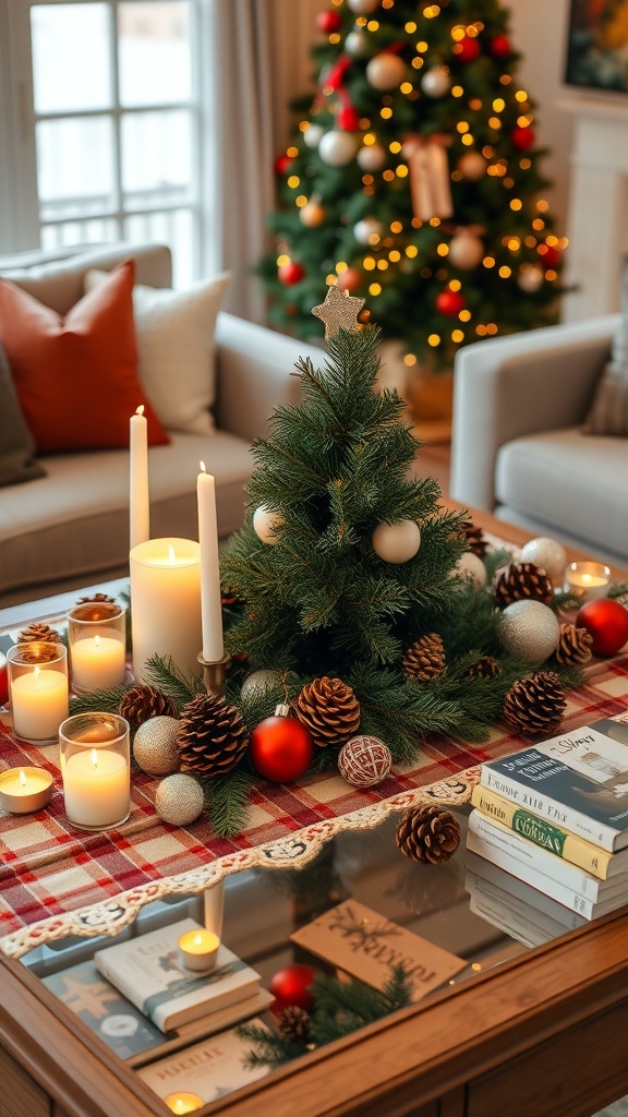 Festive Christmas Decor Ideas for Living Room Coffee Tables A cozy Christmas coffee table decorated with candles, pinecones, ornaments, and a small evergreen tree.